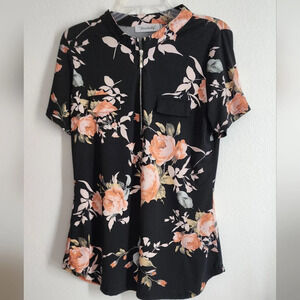 Ninedaily Women's 1/4 zip Pullover Floral Short Sleeve Blouse Sz L